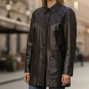 Vintage Retro Fitz-Wright Leather Black Floral Embossed Suede Jacket. XL.